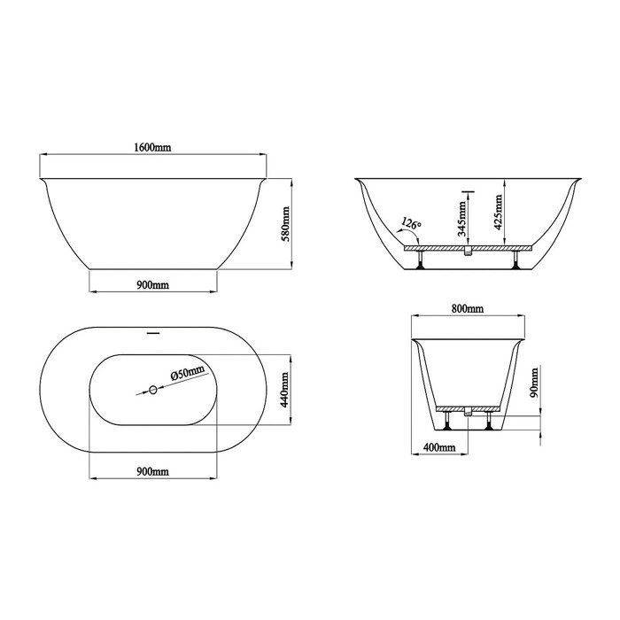Bañera exenta - 160 x 80 x 58 cm - Acrílico - Blanco - 197 L - SORTINO
