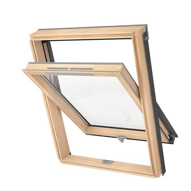 Ventana de tejado SOLSTRO AVY B900 S6A (114 x 118 cm) de madera, con trampilla de ventilación y conexión para sellado de tejas (TFX).