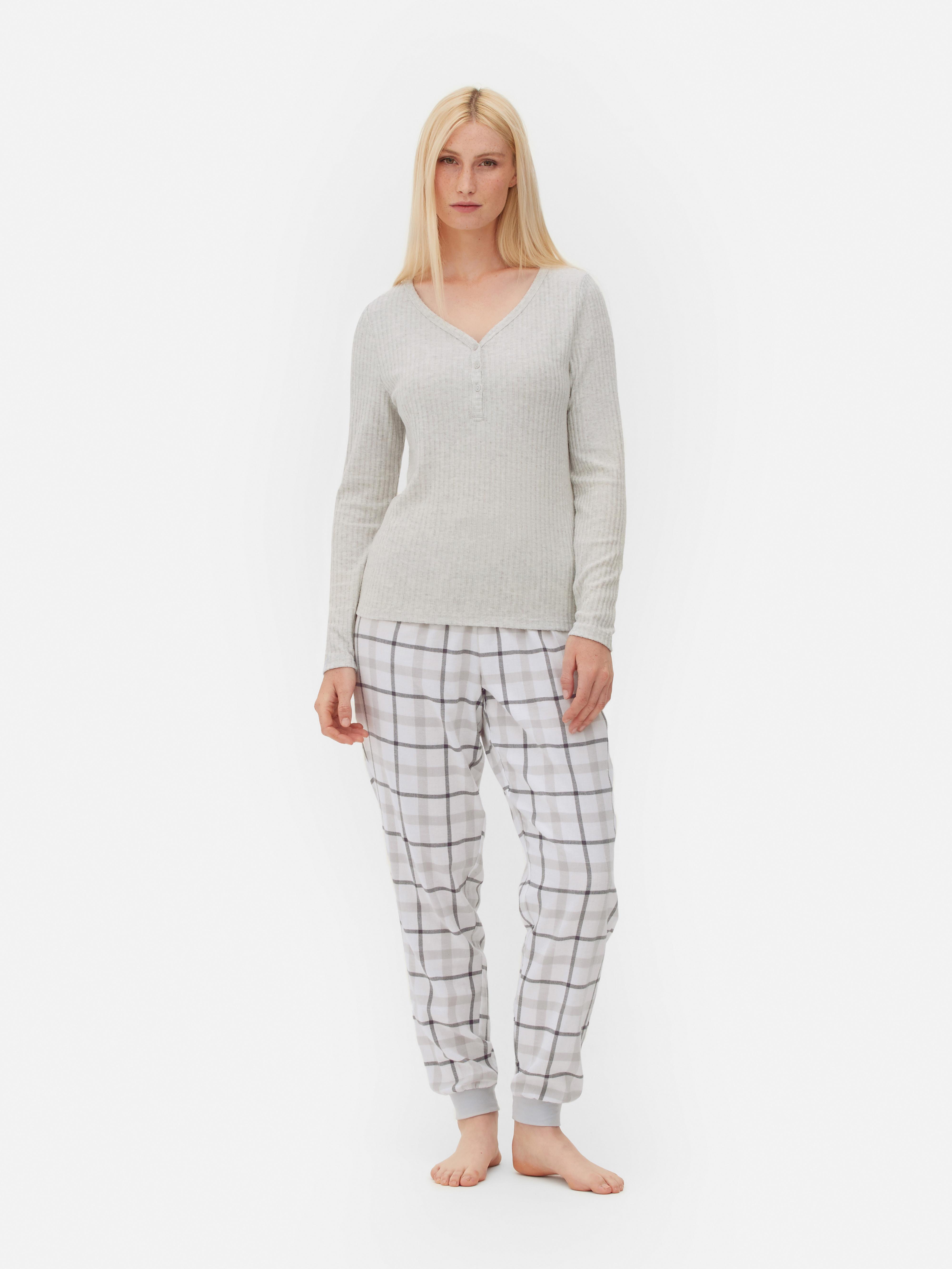 Pijama cu pantaloni în carouri și cămașă cu mânecă lungă Pijama călduroasă cu top Henley cu mânecă lungă și nervuri și pantaloni de pijama din flanel