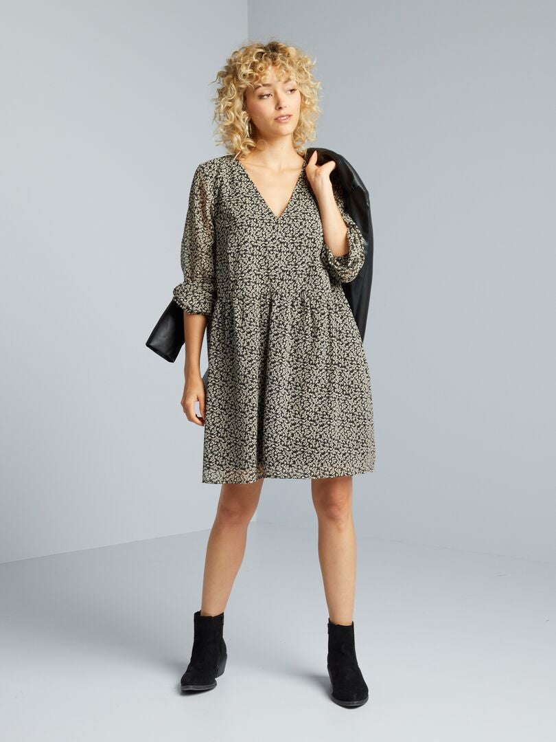 Vestido estampado com cinto para amarrar - Preto