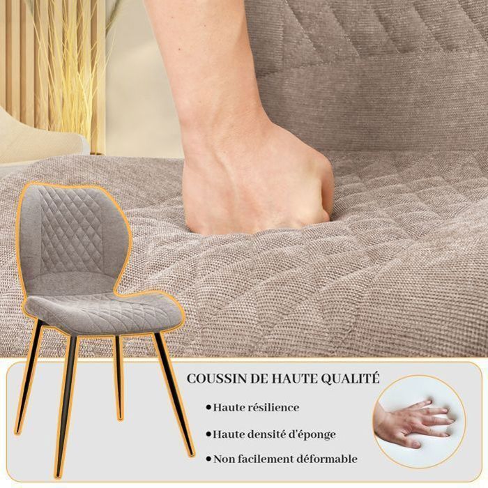 WAFTING Lot de 6 Chaises  salle à manger,avec Coussin en éponge de lin, Pieds en métal et revêtement en à Motif Diamant,Marron.