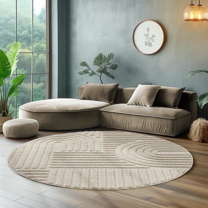 Round rug - SIMPEX - Scandinavian style - 3D pattern - Soft and fluffy - Size 120 x 120 cm - Beige color