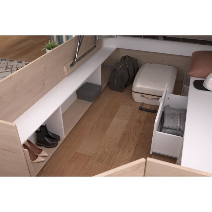Cama con almacenamiento para adultos ODYSSEE - 140x190/200 cm - Con compartimento de almacenamiento elevable - Acabado en roble y blanco - 168,3x66,5x209,5 cm