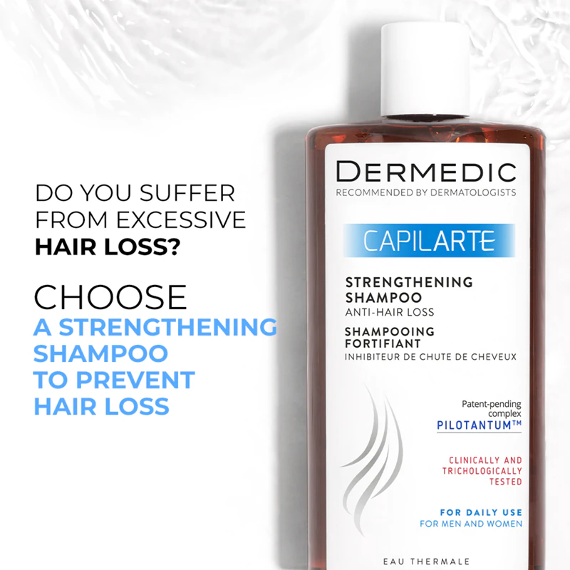Shampoo fortalecedor Dermedic Capilarte que previne a queda de cabelo.