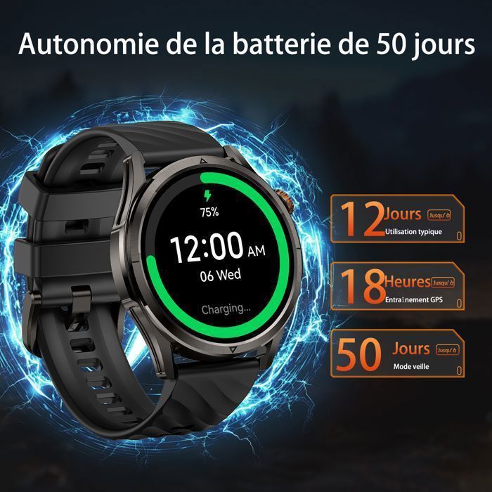 KOSPET R10 Heren Smartwatch met Ingebouwde GPS, 5ATM Waterbestendigheid, 1,43 inch scherm, activiteitstracker, compatibel met Android, iOS, Samsung, Xiaomi en iPhone - Zwart