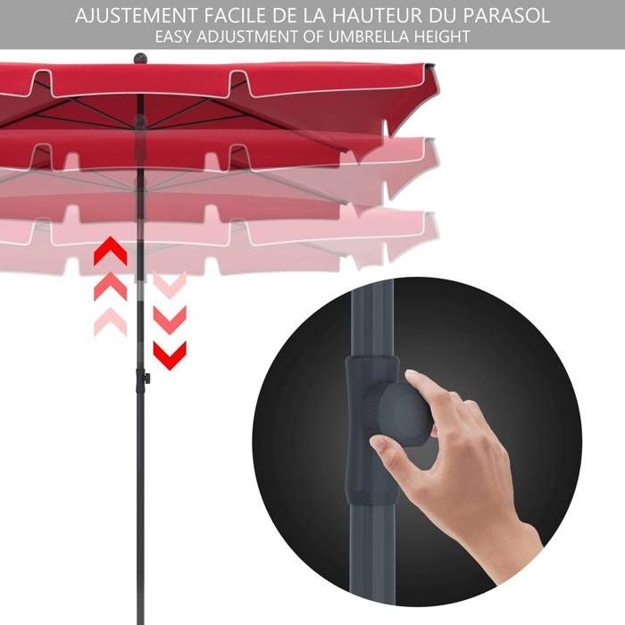 Sombrilla rectangular inclinable VOUNOT® 200x125cm Roja - Altura y ángulos ajustables - Funda protectora