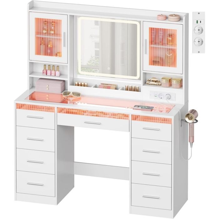 WOLTU 9-Drawer Dressing Table - Adjustable LED Mirror and RGB Lighting - Glass Top - Power Outlet - White