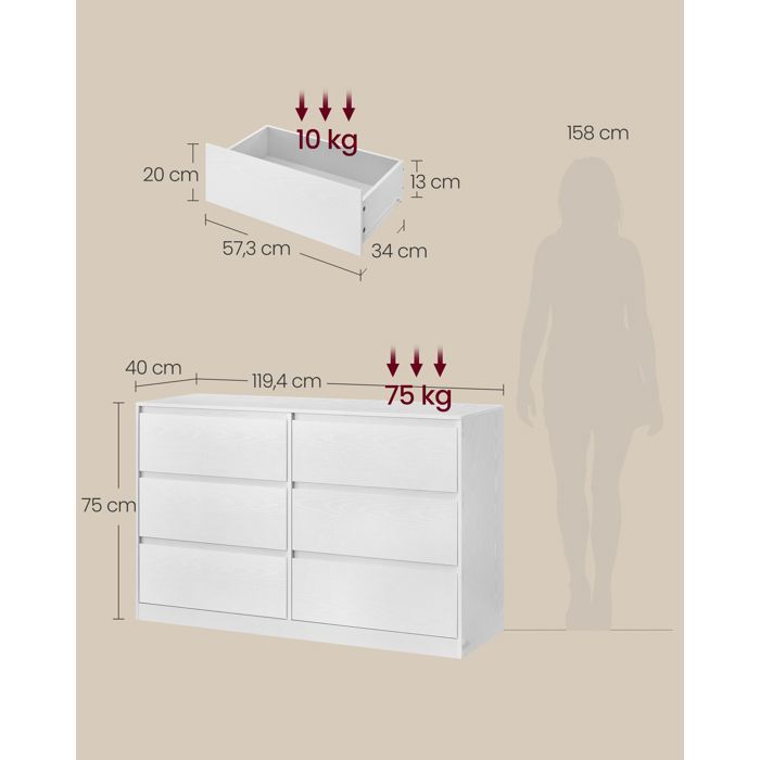 VASAGLE Kailyn Collectie - Slaapkamerkast met 6 lades, opbergkast, kledingrek, 40 x 119,4 x 75 cm, Sneeuwwit