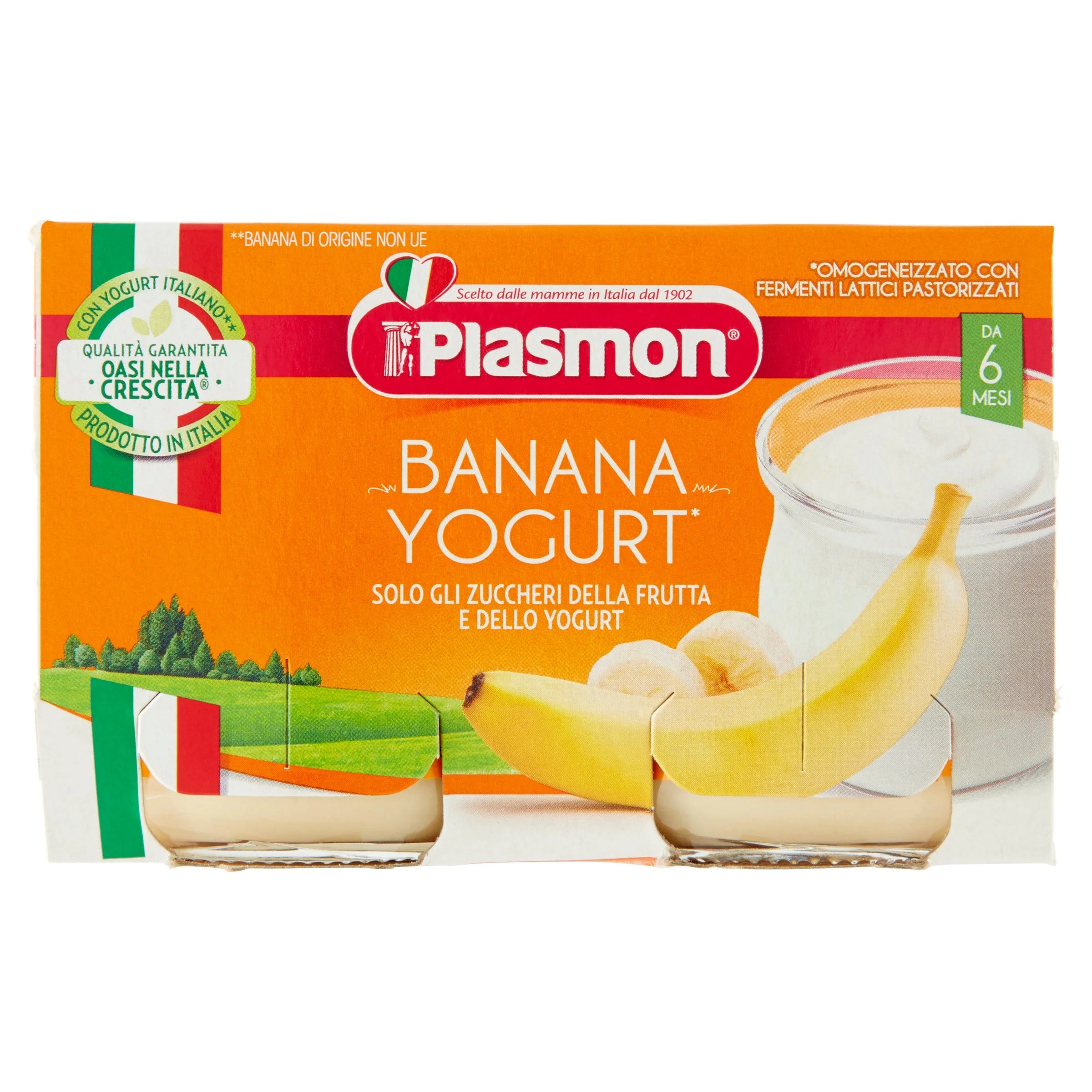 Iogurte Plasmon sabor banana homogeneizado, 120 g x 2 unidades, para bebês.