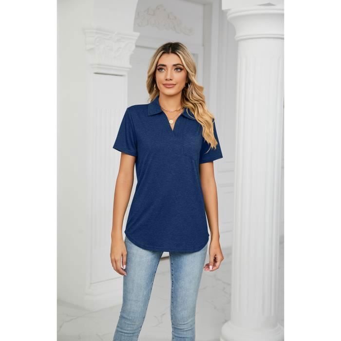 T-shirt Femme - INSFITY - Col revers Manches courtes - Avec poche poitrine - Bleu