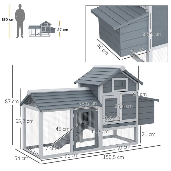 PawHut - poulailler - Bois de sapin - 150.5x54x87cm - Gris