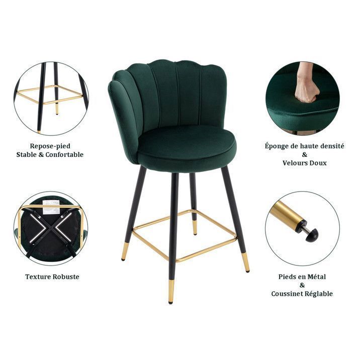 Wahson Bar Stool Set of 2 Velvet Bar Stools, Bar Chairs with Metal Legs, High Stools for Kitchen Island, Green