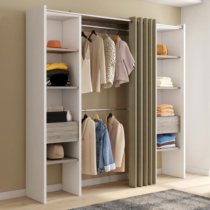 IDMARKET Dressing extensible double MERYL 120/180 x 50 x 180 cm blanc avec étagères hêtre + double penderie + rideau taupe