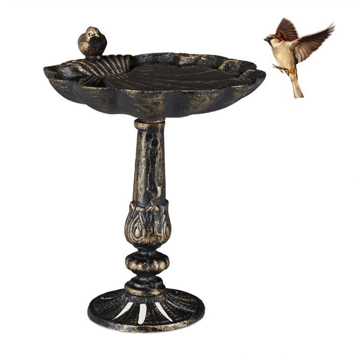 Comedero para pájaros Relaxdays, hierro fundido, decoración de jardín, estilo antiguo, comedero de pie, 40 cm de alto, bronce.