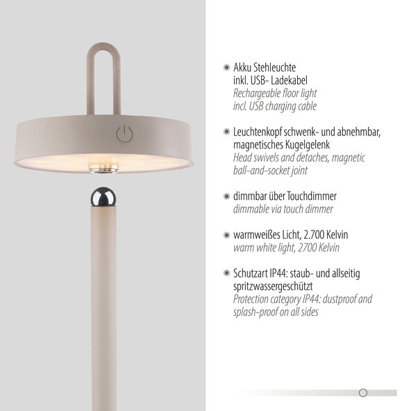 Moda LED battery-powered floor lamp with magnetic head, greige