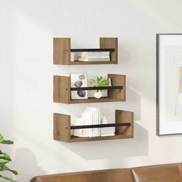 MOT12182 - Juego de 3 estantes de pared, roble artesanal, 40x16x14cm
