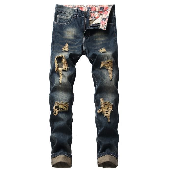 Jeans Hommes - MOBIGARLAN - Slim - Vintage - Bleu - Déchirures