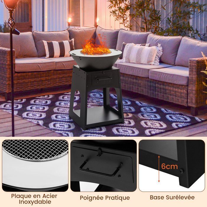 COSTWAY Patio Fire Pit with Storage, Grill and Ash Box, Lower Shelf, Poker and Gloves, for Barbecue