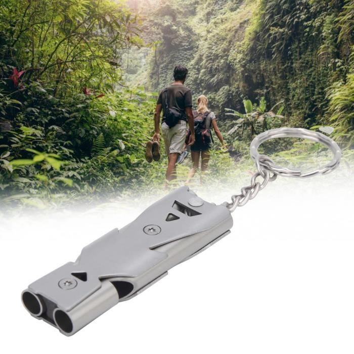 Silbato de doble tubo para supervivencia al aire libre con llavero. Silbato de seguridad de acero de doble tubo HB008.