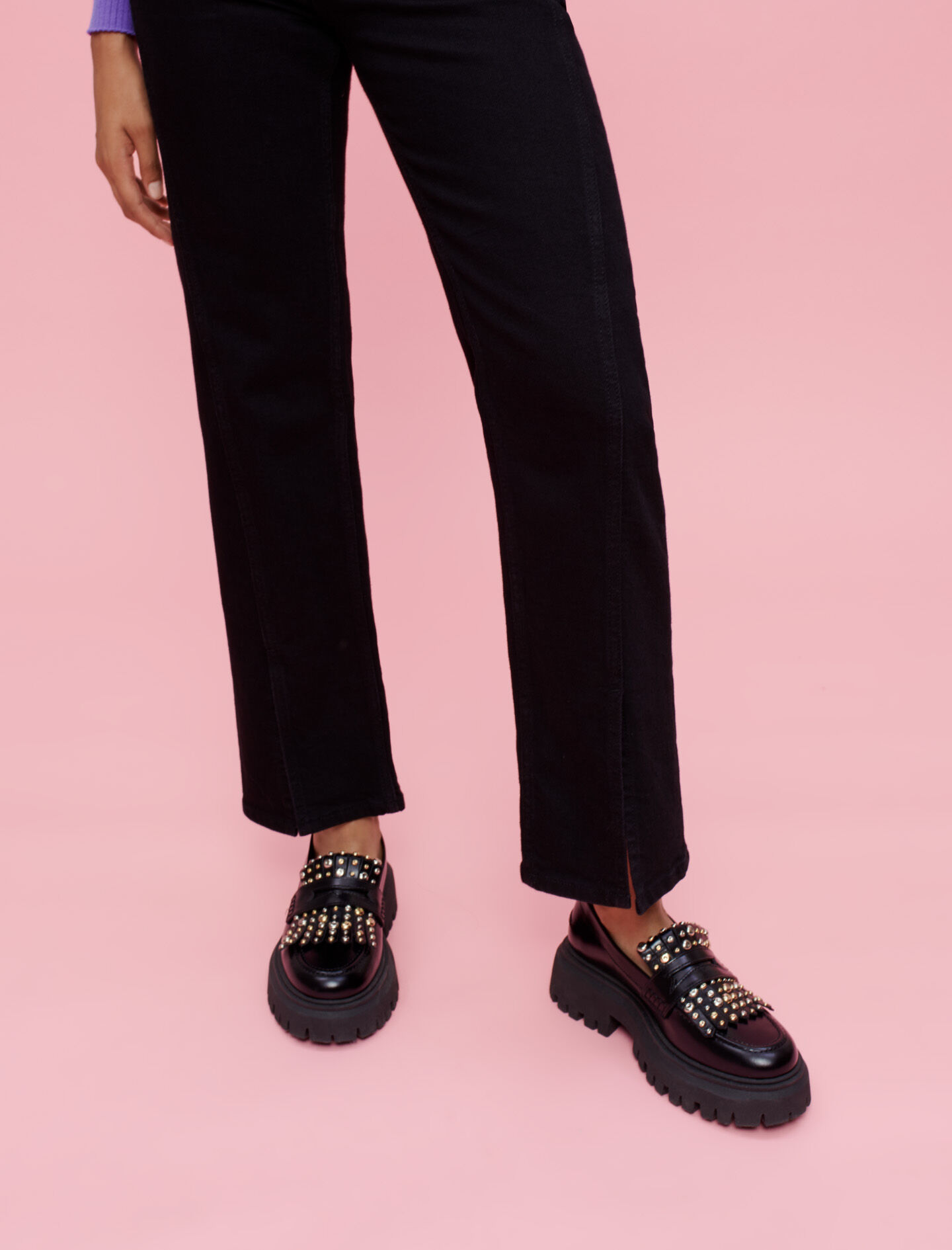 Jeans met hoge taille en splitten aan de voorkant - Zwart
