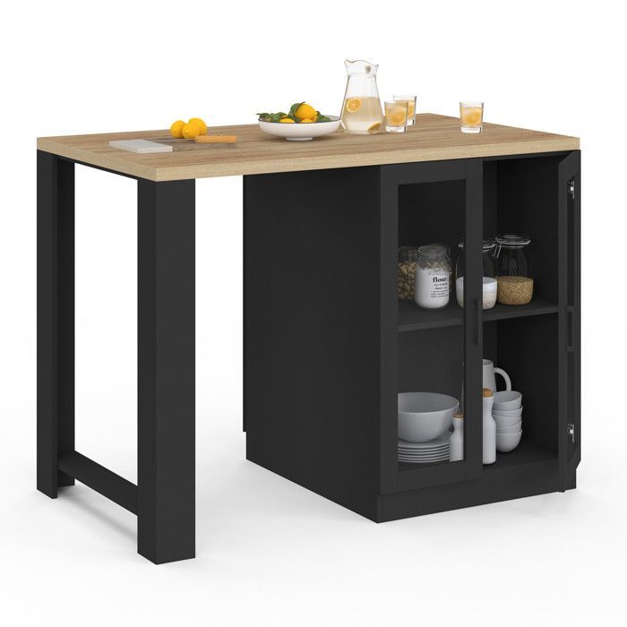 Isla central IDMARKET LINO de 120 cm para 2 personas, madera negra con encimera efecto haya y puertas de cristal.