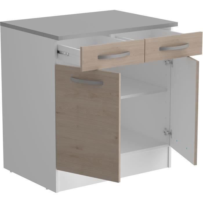OSLO Meuble Bas 2 portes 2 tiroirs + plan - Décor Chêne Jackson - L 80 x P 60 x H 86 cm