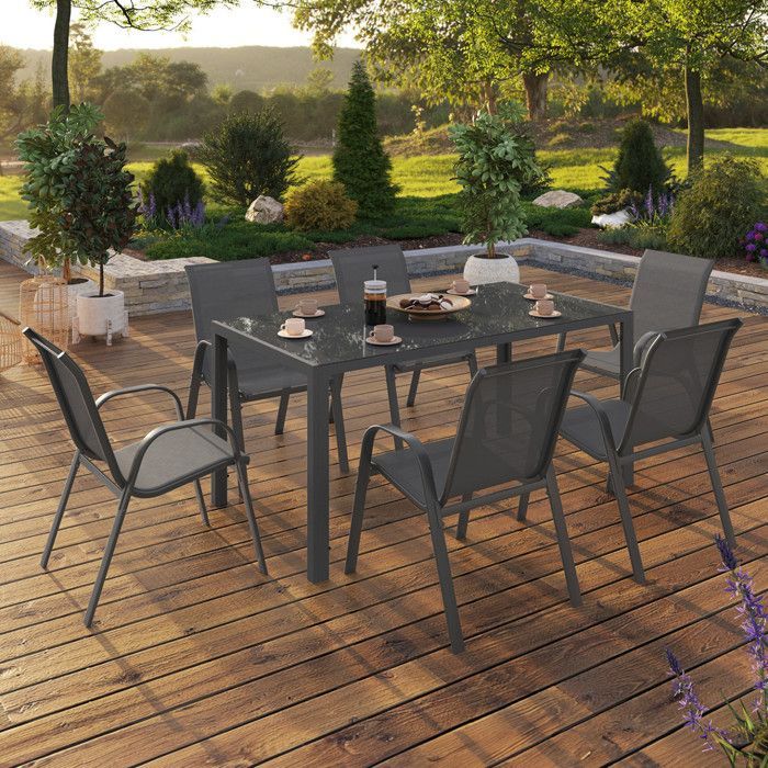 IDMARKET MADRID garden furniture set: 150cm table and 6 stackable chairs, anthracite grey
