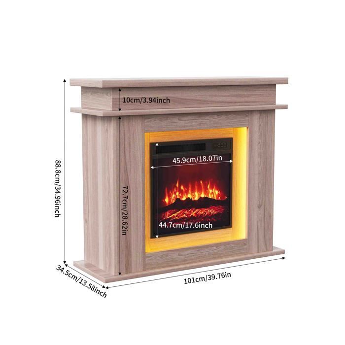 Chimenea eléctrica con repisa de roble de 101 cm - AMBIANCE - Llama 3D y LED de colores - Calefacción suplementaria - Brillo ajustable