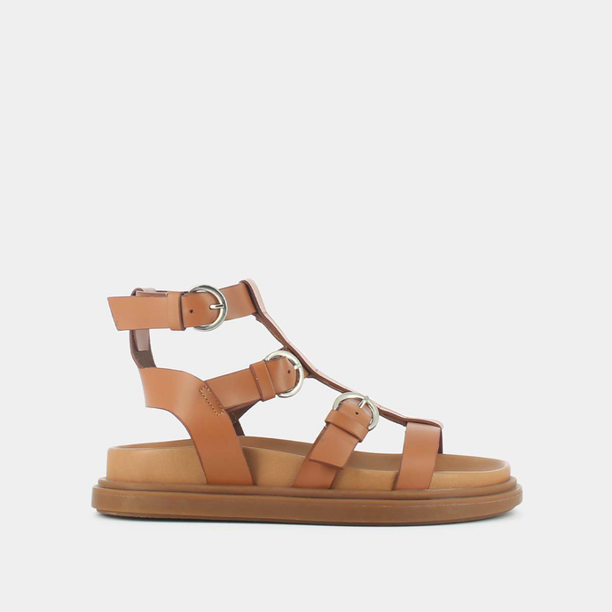 Sandales à brides et semelles épaisses  en cuir glacé cognac