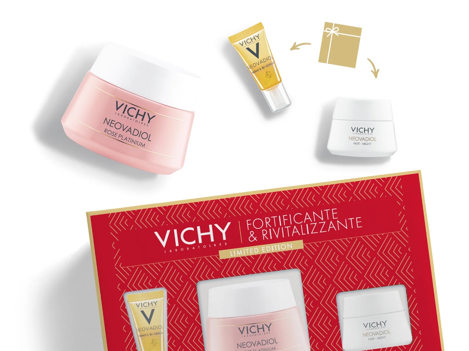 VICHY Neovadiol Kerstcadeauset 2023: Neovadiol Meno 5 Bi-Serum serum + Neovadiol Rose Platinium dagcrème + Neovadiol Rose Platinium nachtcrème.