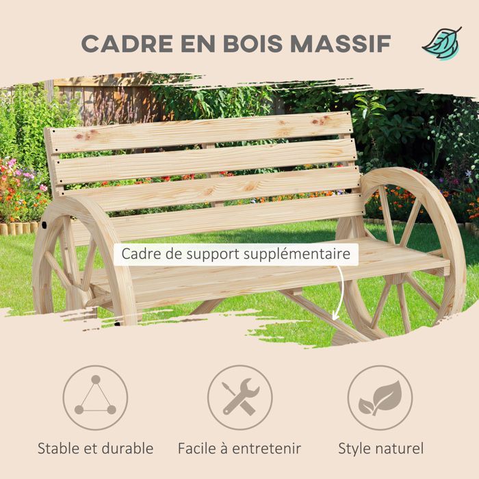 Banc de Jardin - Outsunny - 3 places - Style Rustique Chic - accoudoirs Roues Charette - en bois - effet bois naturel