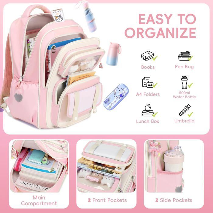 Cartable Primaire pour Filles Sac à Dos Ergonomique pour Enfants du CP au CM2 Sac d'école Décontracté avec Pendentif 20 Litres Rose