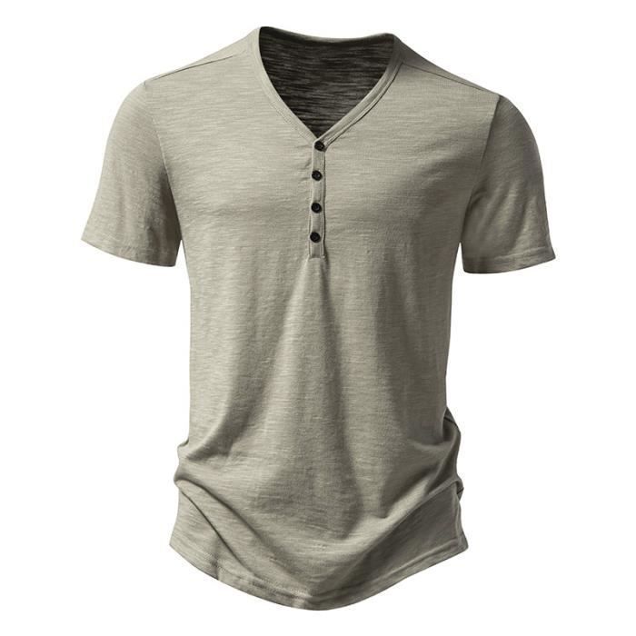 Camiseta Henley de verano para hombre, corte regular, ligera, cuello en V - INSFITY - Caqui