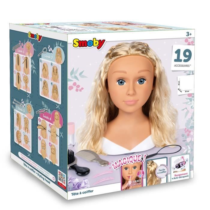 Smoby - Tête à coiffer blonde - Facile à coiffer - 19 accessoires réalistes - Lèvres thermosensibles - Trappe de rangement
