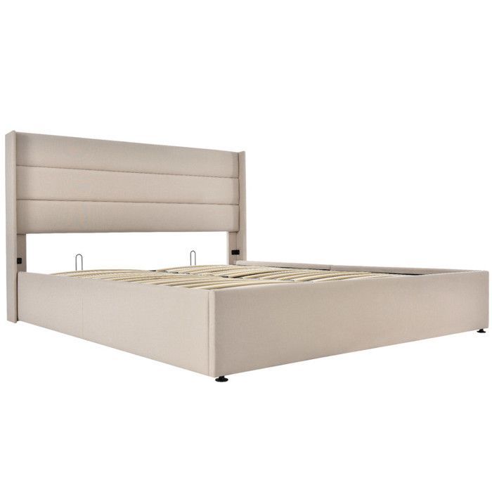Lit coffre 160 x 200 cm,lit 160 x 200 avec sommier,lit double capitonné,lit 2 personnes avec sommier à lattes en bois,lin beige
