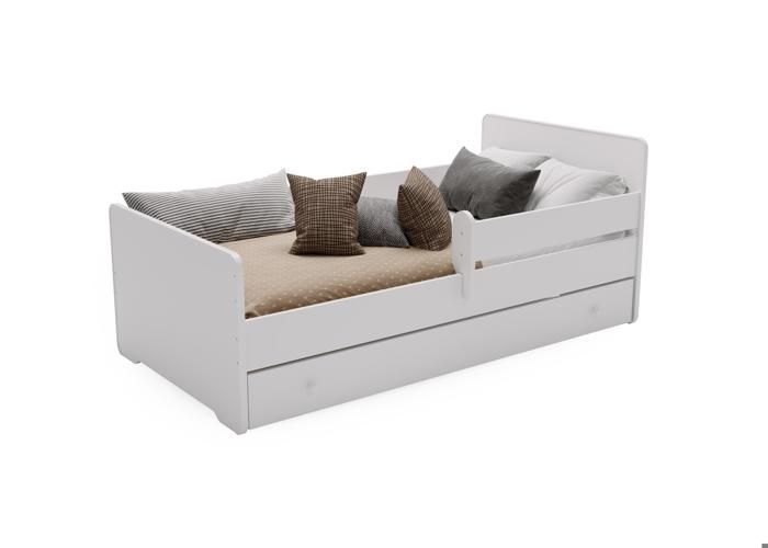 Komplettes Kinderbett 80 x 160 cm MAX mit Lattenrost, Schutzgitter, Schublade und Matratze für Mädchen und Jungen – Einzelbett – WEISS