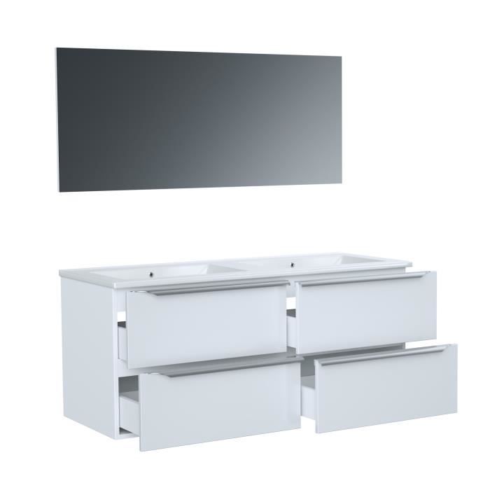 Double sink bathroom vanity unit with mirror, 120cm wide - 4 drawers - Glossy white lacquer - ZOOM