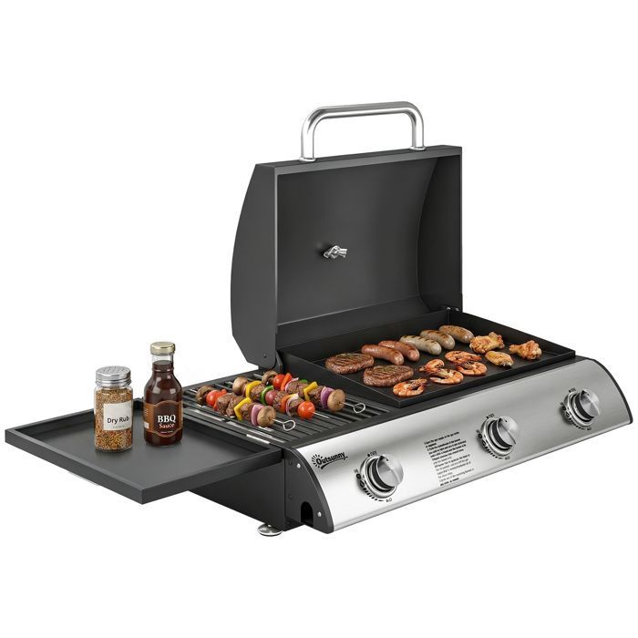 Tabletop gas barbecue - Outsunny - combination grill and griddle with lid and thermometer - stainless steel - 77x47x27cm - black