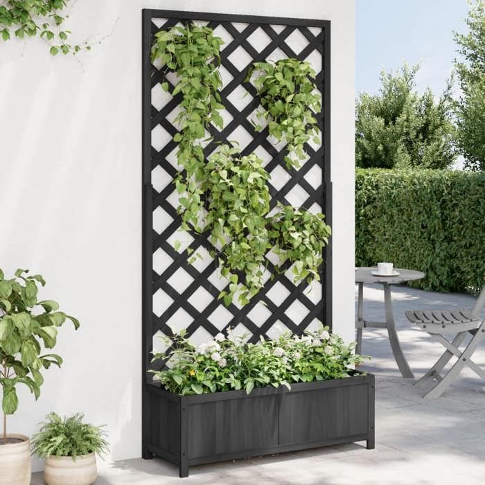 vidaXL Jardinière avec Treillis, Lit Surélevé, Bac à Fleurs, Pot de Plantes, Boîte à Fleurs Jardin Patio Terrasse, Noir Bois 365481