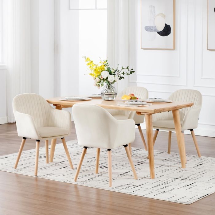 Silla de comedor WOLTU de terciopelo con patas de madera maciza, sillón reclinable, color blanco crema.
