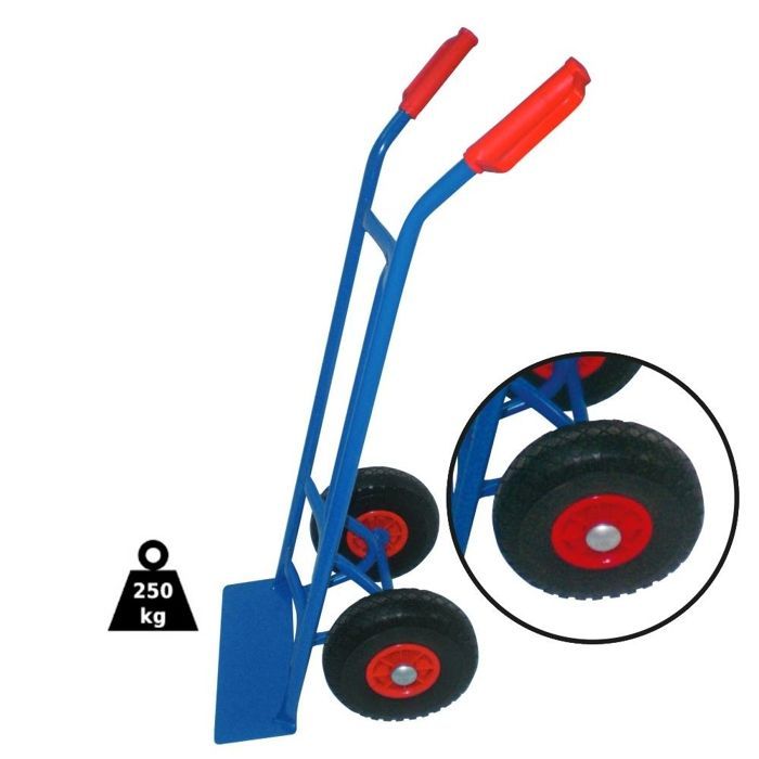 Steekwagen 250 kg, lekbestendige wielen Ø250 mm, metalen trolley, schep 40x14 cm, ca. 7 kg - blauw