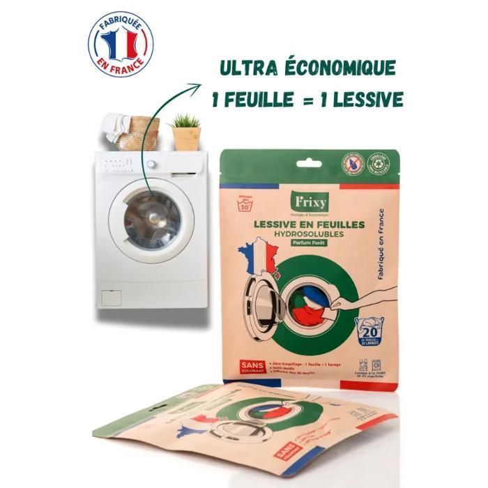 Frixy - Pack 7 sachets (140 lavages) - Feuilles de Lessive hydrosolubles parfum forêt (Sachet de 20 Feuilles) - Fabriqué en France