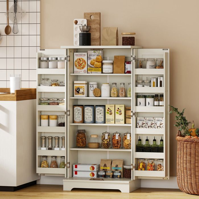 Keukendressoir - HOMCOM - 5 lagen met deuren en verstelbare planken - 60 x 40 x 120 cm - houtnerf - crème