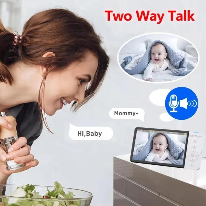 Monitor de video inalámbrico para bebés, pantalla IPS de 5 pulgadas con batería, cámara PTZ para niñera, VOX bidireccional, batería de 5000 mAh.
