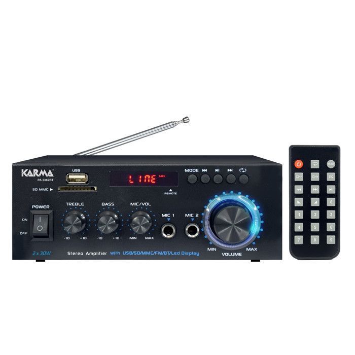 Amplificatore stereo HiFi Karma PA-2362BT, 2x 30W, USB, SD, Bluetooth, radio FM, telecomando, 2 ingressi microfono