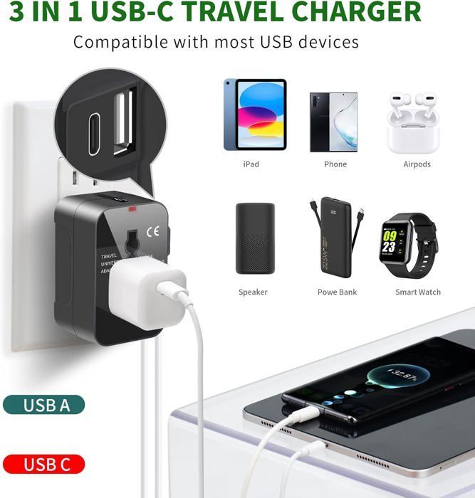 Adaptador de enchufe de viaje universal, con USB C, adaptador universal de Francia a EE. UU., UE, Reino Unido, Alemania, Australia, China y Japón, color negro.