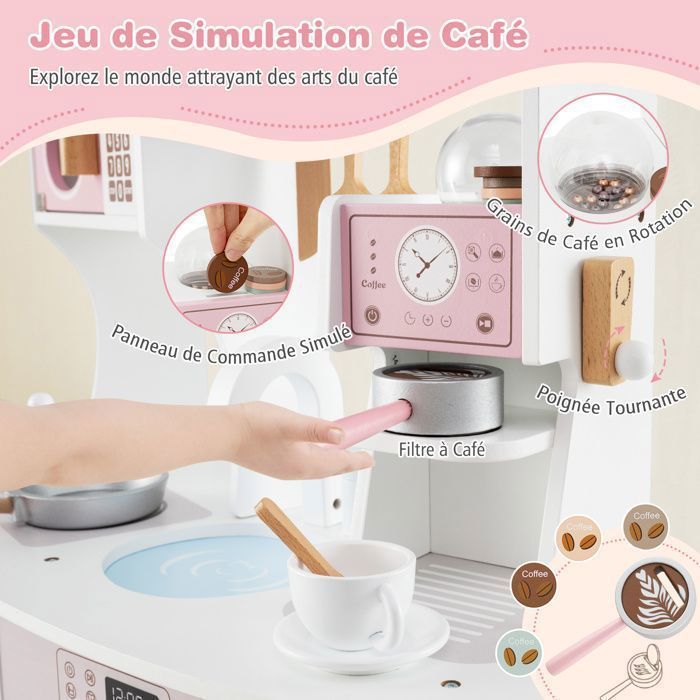 Cocina infantil COSTWAY para mayores de 3 años, 12 accesorios, Zona: Cafetera, Microondas, Horno, Lavadora, Rosa