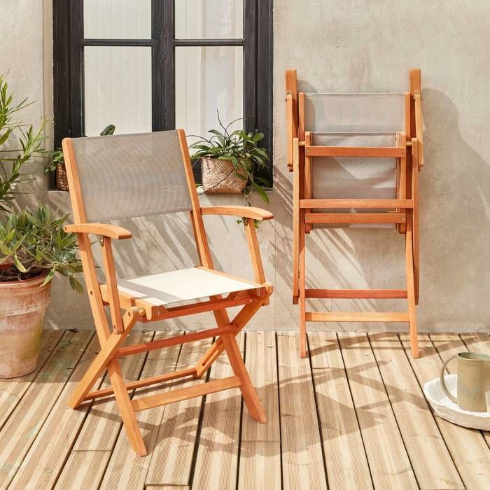 Sillones de jardín en madera y textilene - Almería Gris Topo - 2 sillones plegables en madera de eucalipto aceitada y textilene