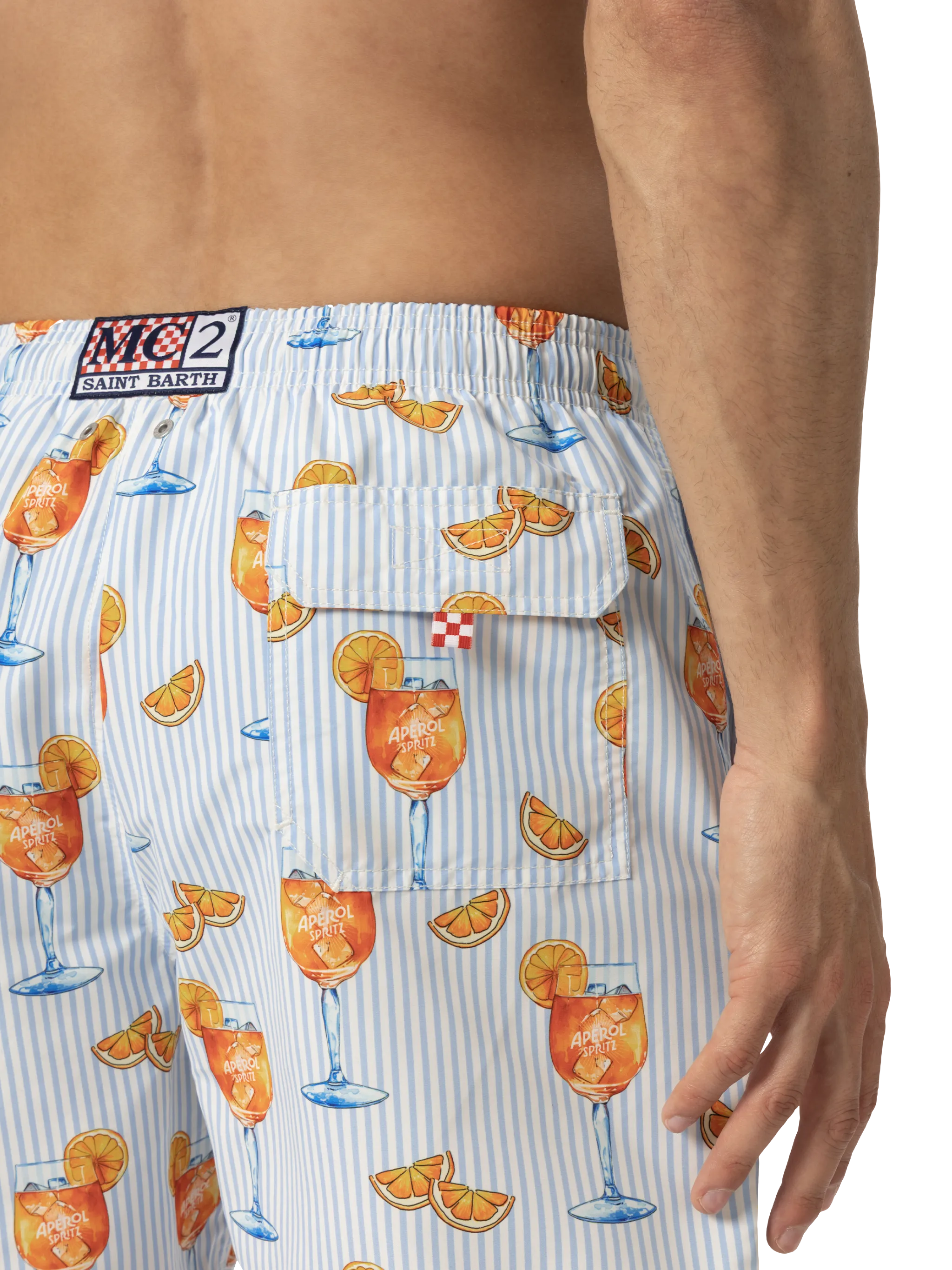 Costume mare lunghezza media Gustavia con stampa Aperol Spritz e righe
