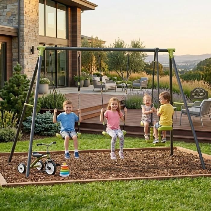 Balancelle Triple Enfant Métal 200 kg - Schaukel 3 Places pour 3+ Ans Extérieur Jardin Playground - 256x136x180 cm